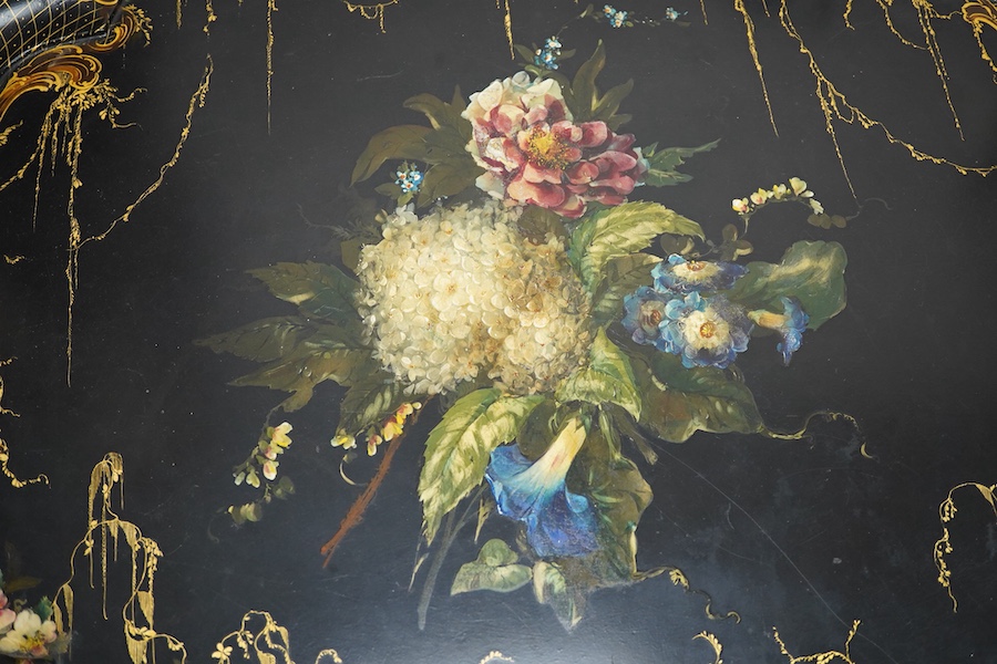 A large Victorian papier maché painted and gilt tray, 79cm wide